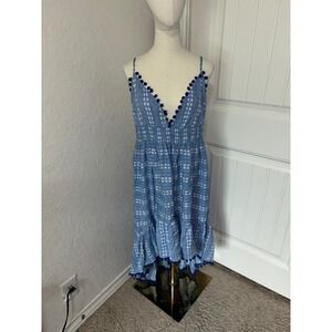 Blue Pom Pom Trim Dress Sleeveless Casual Summer Mini Dress Size L madein Brazil